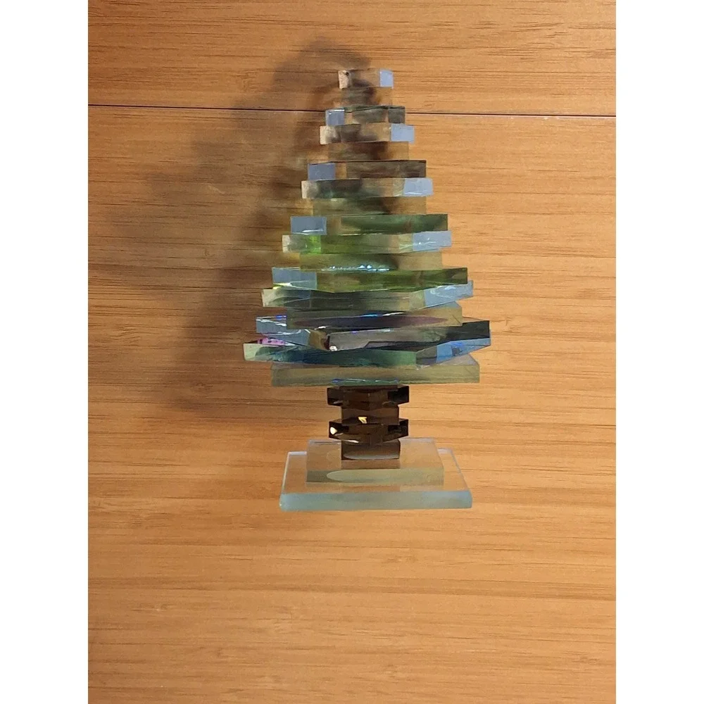 M+J G Signed Dichroic Art Glass Christmas Tree Figurine Iridescent